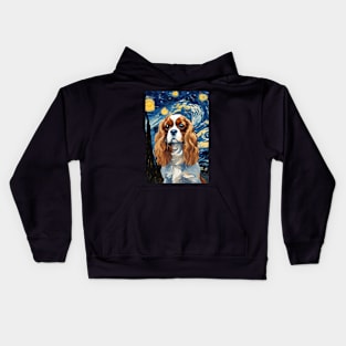 Adorable Cavalier King Charles Spaniel Dog Breed Painting in a Van Gogh Starry Night Kids Hoodie